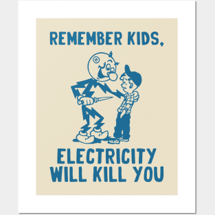 vintage electricity will kill you - blue Posters and Art